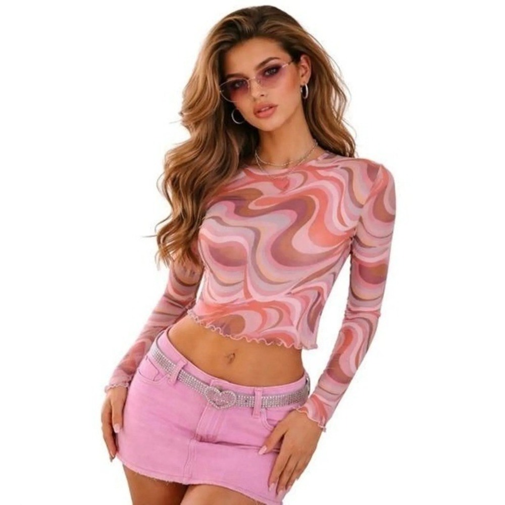 La La Land Creative Co Mesh Long Sleeve Top Pink Orange Swirl XS